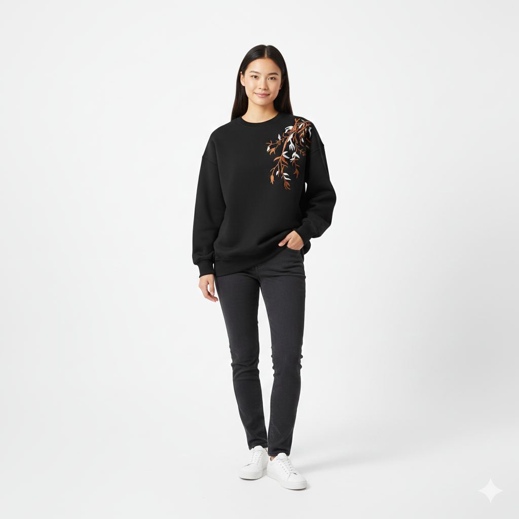"HEAVENWEAR Beige Embroidered Sweatshirt with Autumn Leaves Design"