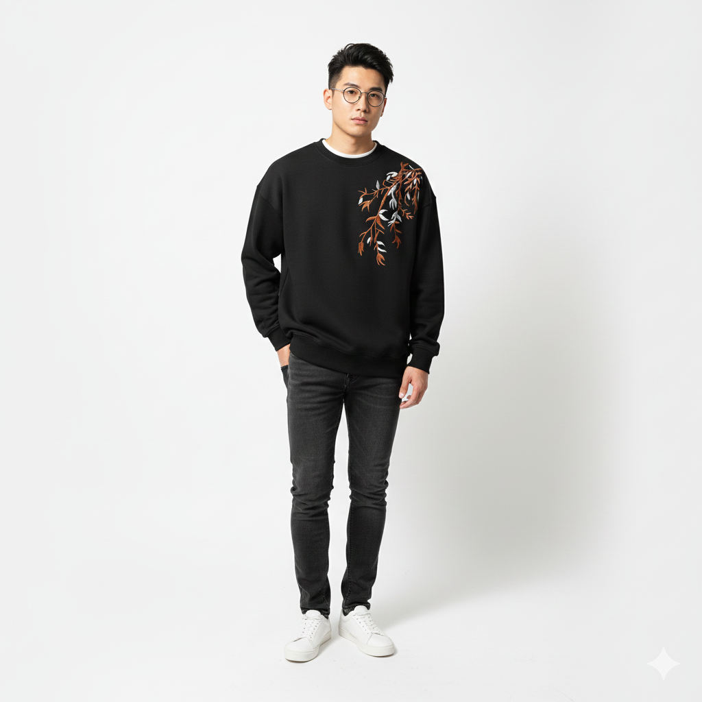 "HEAVENWEAR Beige Embroidered Sweatshirt with Autumn Leaves Design"