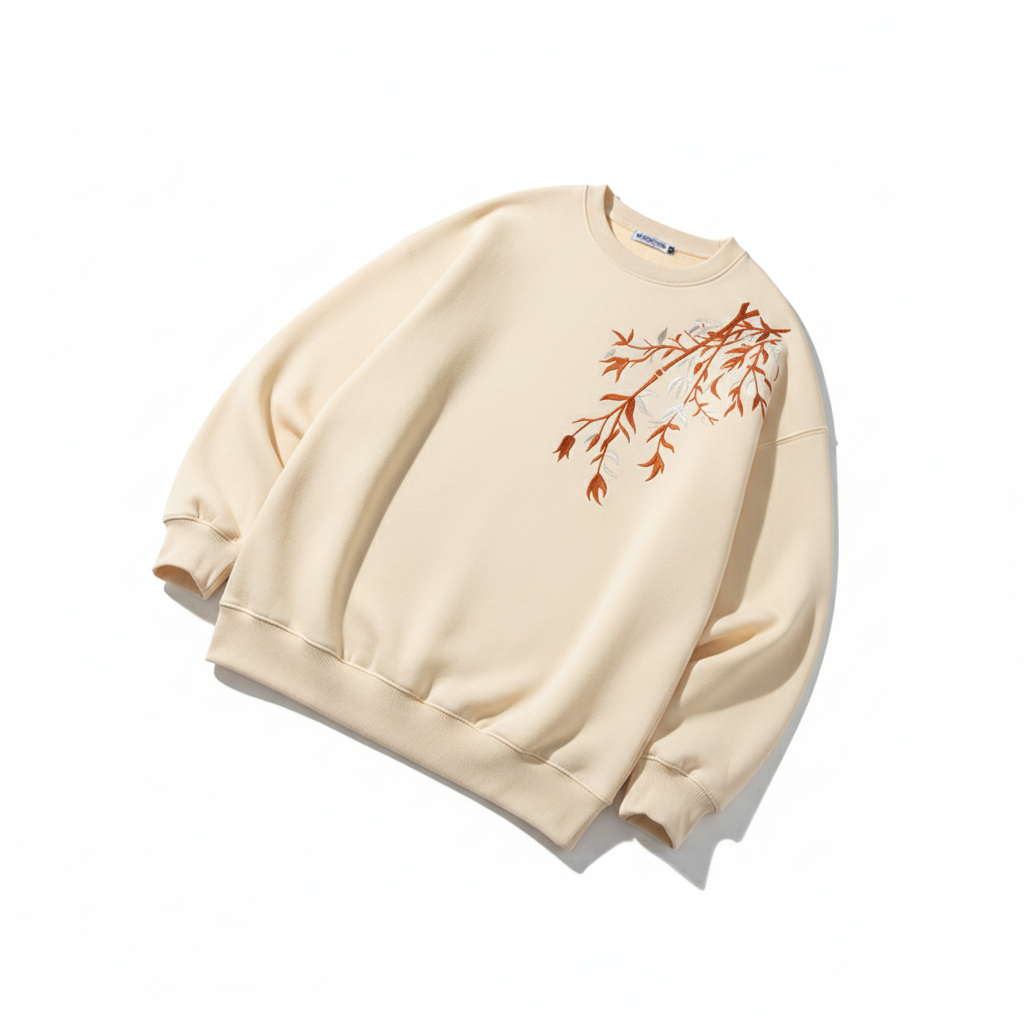 "HEAVENWEAR Beige Embroidered Sweatshirt with Autumn Leaves Design"