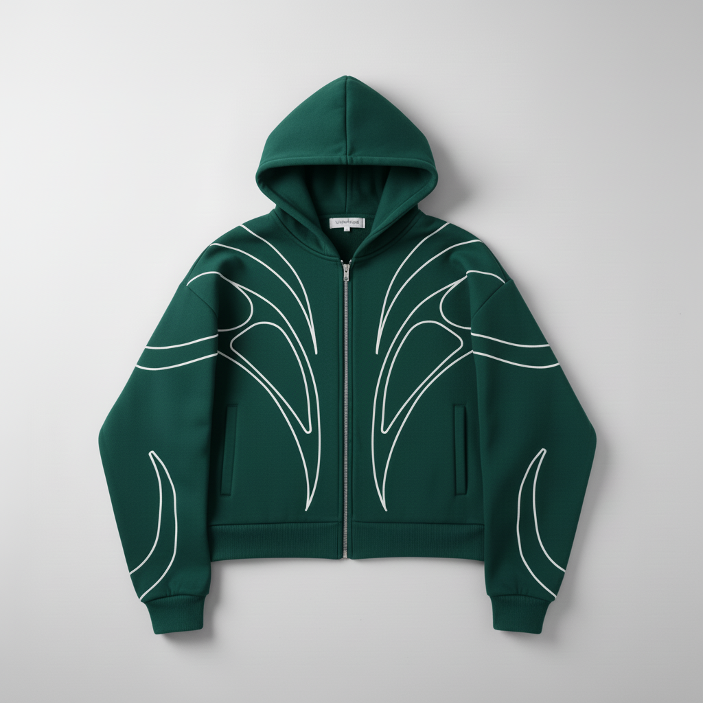 HEAVENWEAR Green Zip-Up Hoodie with Bold White Abstract Design